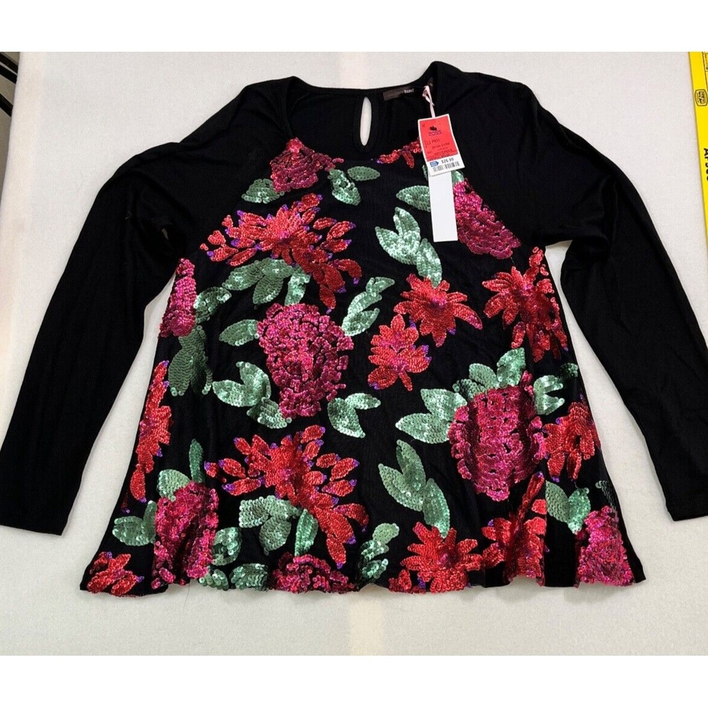 Hazel Hazel  Floral  Sequins Blouse Long Sleeve Crew Neck Size M NWT